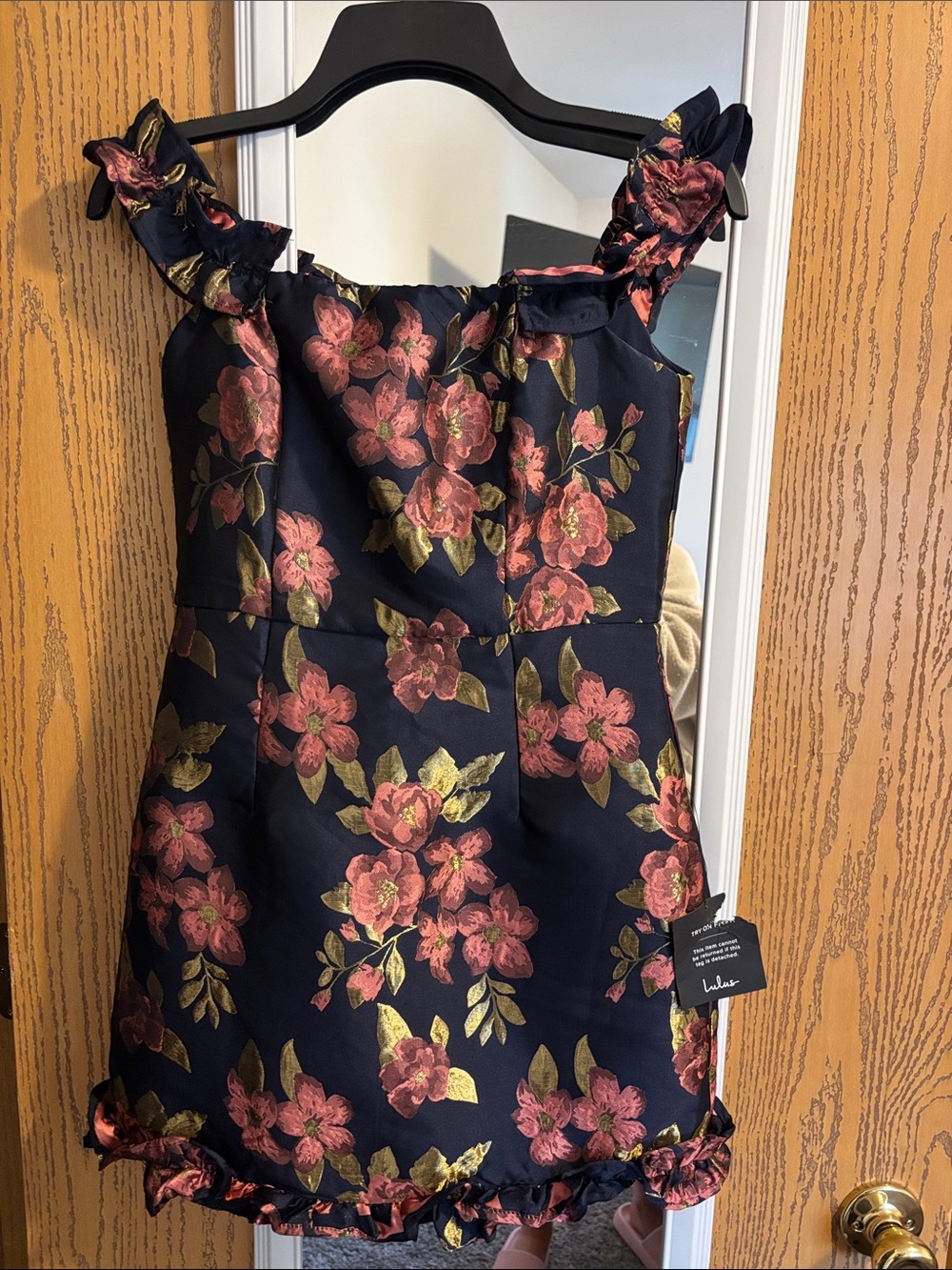 NWT Lulu's Navy Dress with Pink and Gold Floral Print and Ruffled Straps